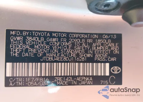 2013 Toyota Corolla Le from USA, damaged, VIN JTDBU4EE8DJ116281